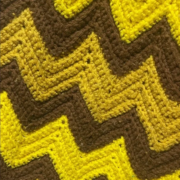 Vintage Chevron Patterned Brown and Yellow Handmade Crochet Blanket - Picture 2 of 3